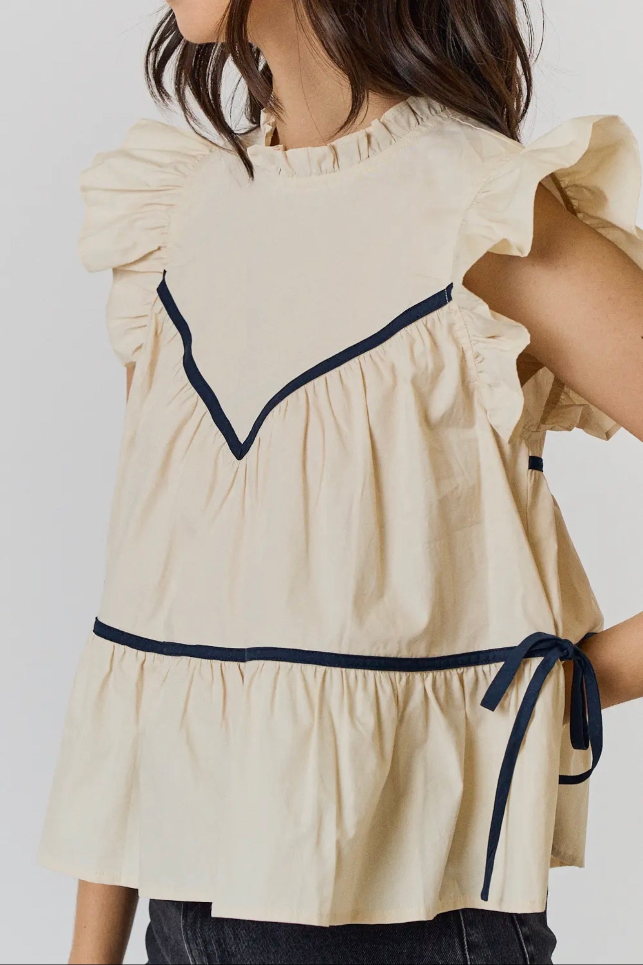 Ruffled High Neck Contrast Side Tie Detailed Top
