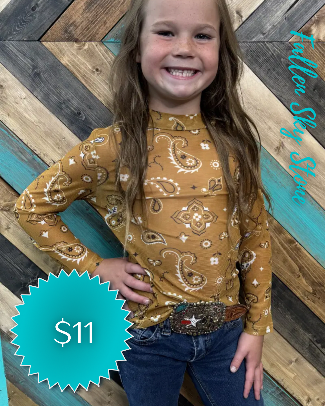 Girls Mustard Paisley Print Mesh Mock Neck Long Sleeve Top