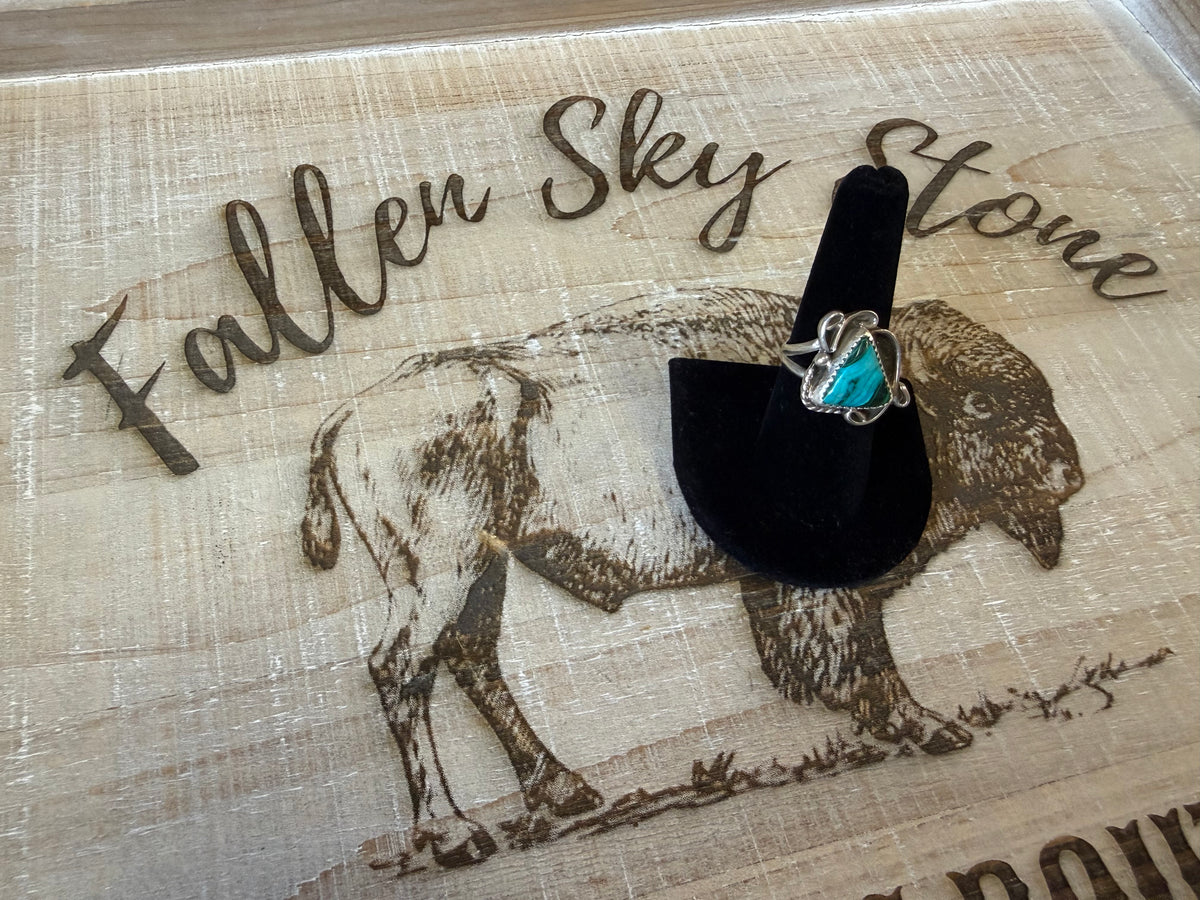 Sterling Silver Chrysocolla Ring Size 7.5, Blue Green Triangle Stone, Scroll Accents, Split Shank Southwestern Ring
