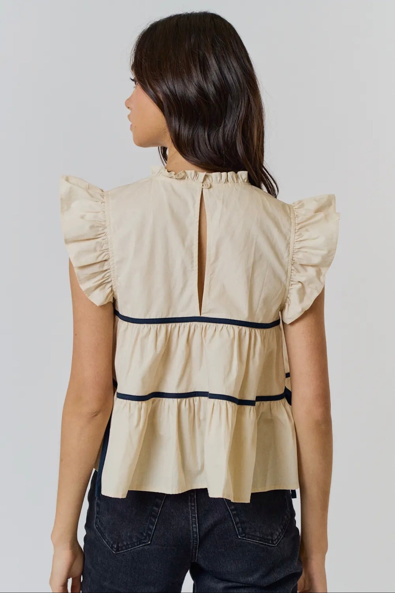 Ruffled High Neck Contrast Side Tie Detailed Top