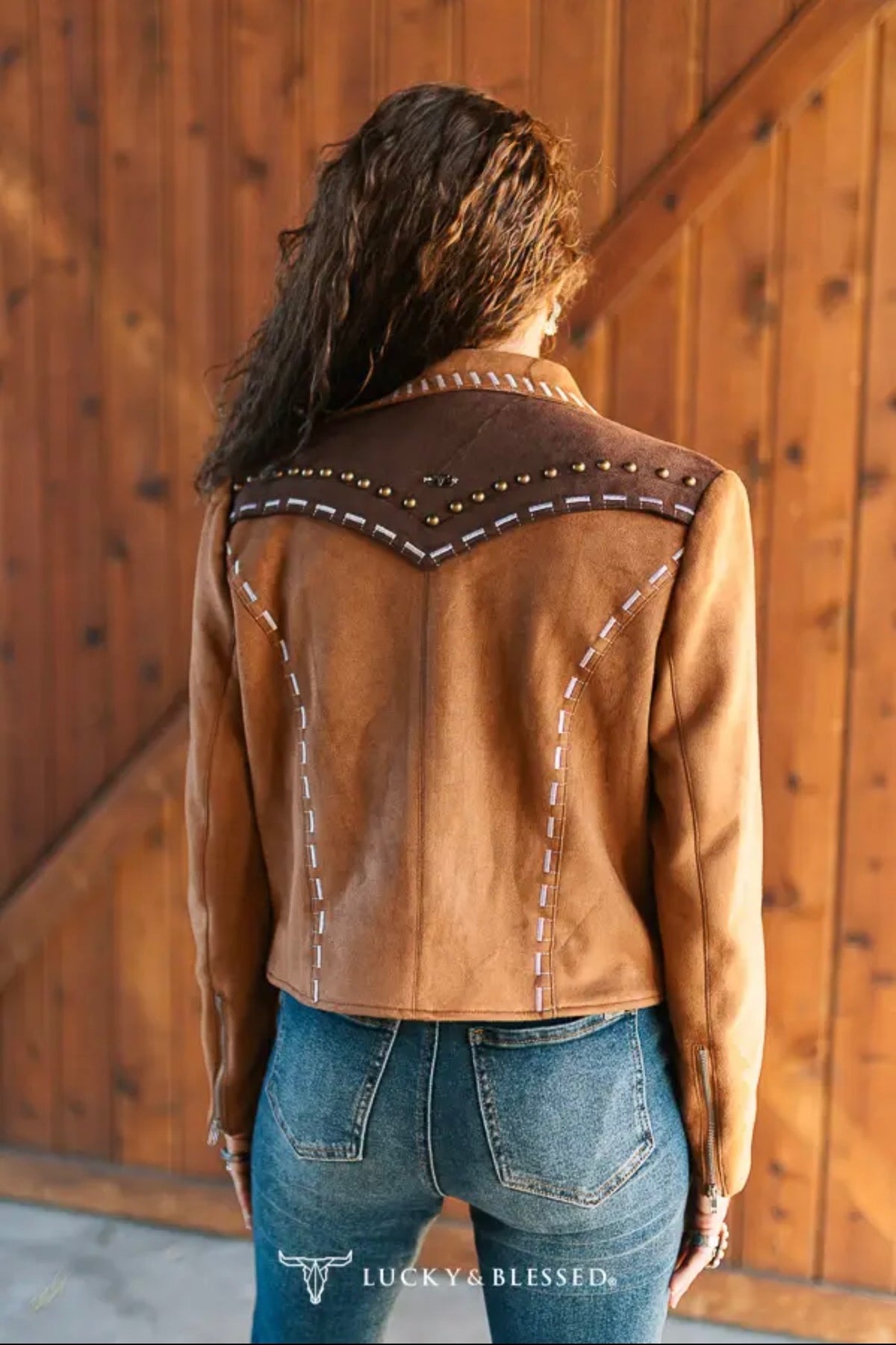 Camel Faux Suede Western Zip Jacket with Studded Brown Yoke and Whipstitch Trim