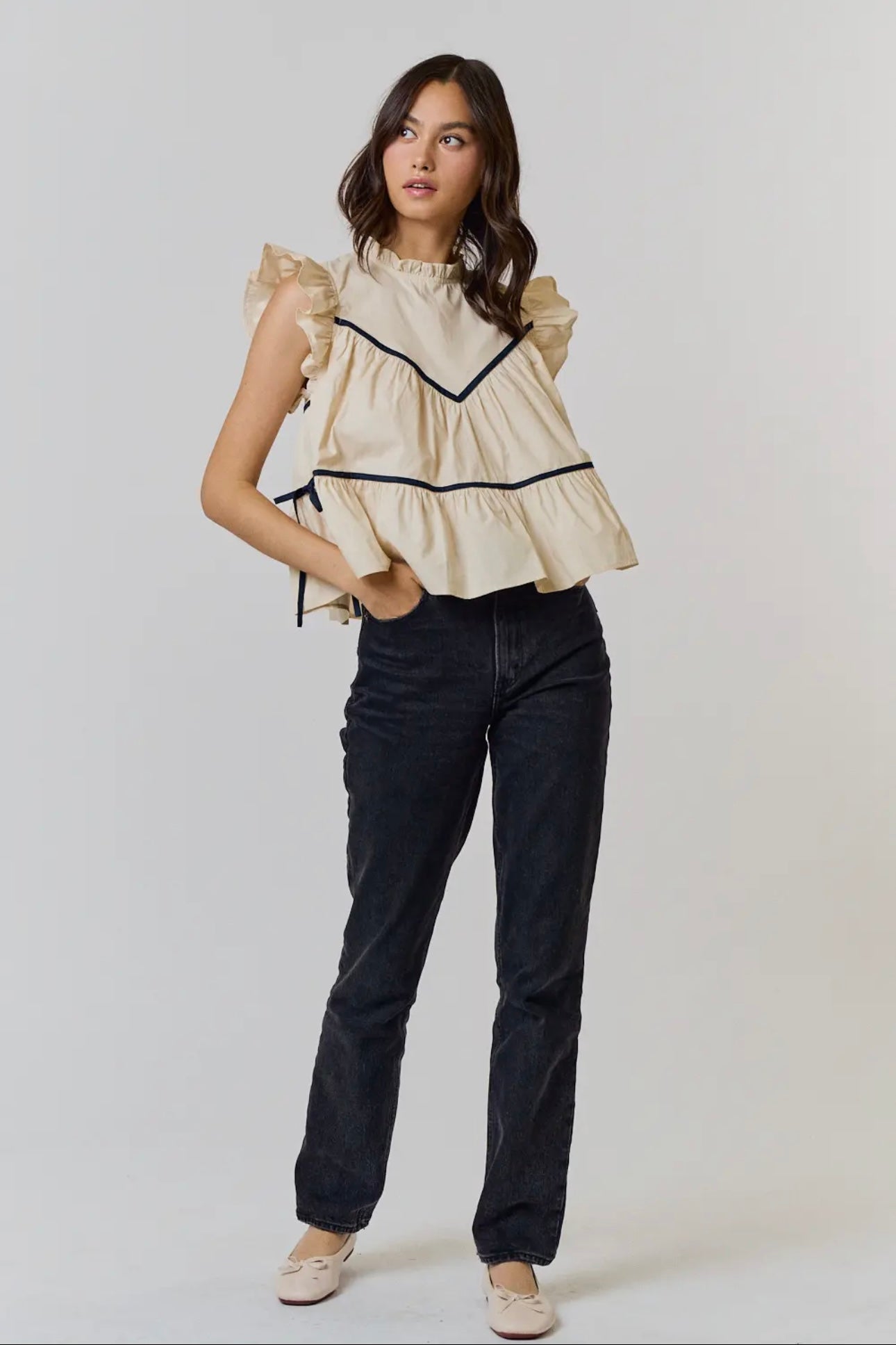 Ruffled High Neck Contrast Side Tie Detailed Top