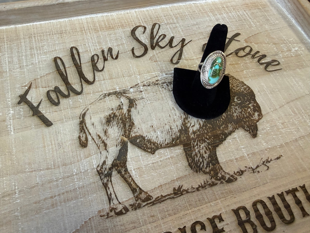 Sterling Silver Sierra Bella Turquoise Ring Size 7.5, Long Oval Green Blue Stone, Rope Twist Frame, Stamped Southwestern Ring