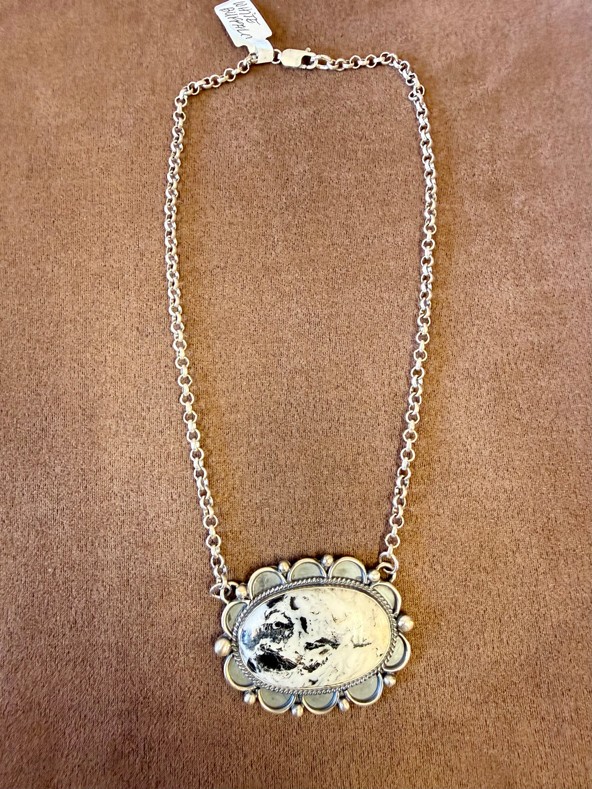 White Buffalo Stone Pendant Necklace Sterling Silver | Navajo Native American Handmade by Mary Ellen | Large Oval Statement Jewelry