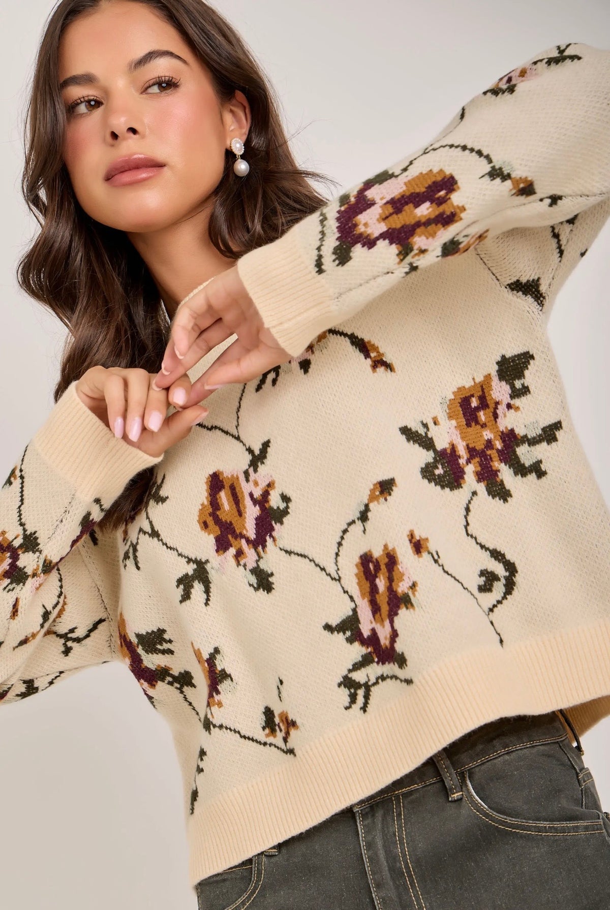 Oatmeal Floral Knit Sweater