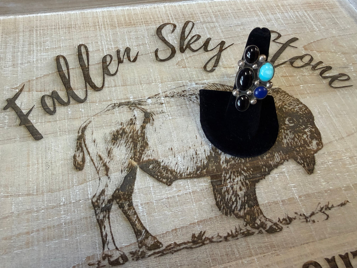 Sterling Silver Onyx Turquoise Lapis Cluster Ring Size 6, Long Multi Stone Statement Ring, Silver Bead Accents, Southwestern Ring