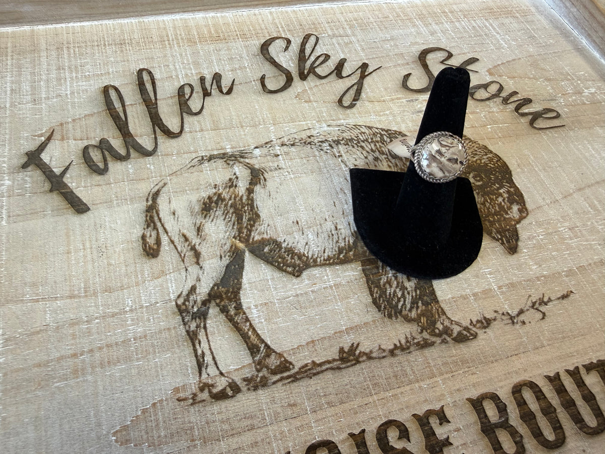 Sterling Silver White Buffalo Ring Size 6.5, Round Cream Gray Stone, Rope Twist Bezel, Southwestern Statement Ring, Gift for Her