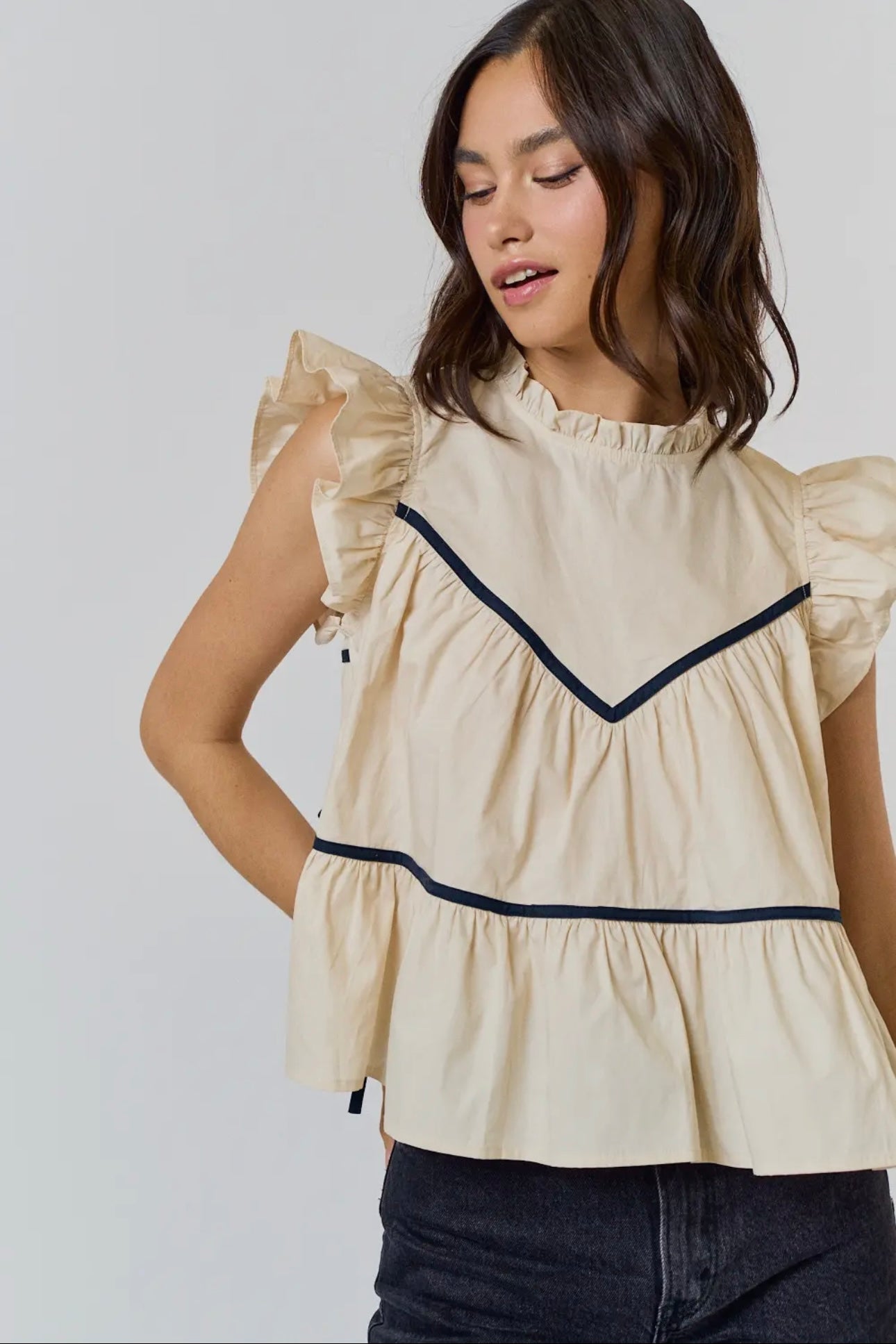 Ruffled High Neck Contrast Side Tie Detailed Top