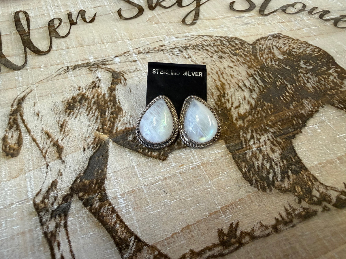 Moonstone Teardrop Stud Earrings, Sterling Silver Rope Bezel, Southwestern Western Jewelry
