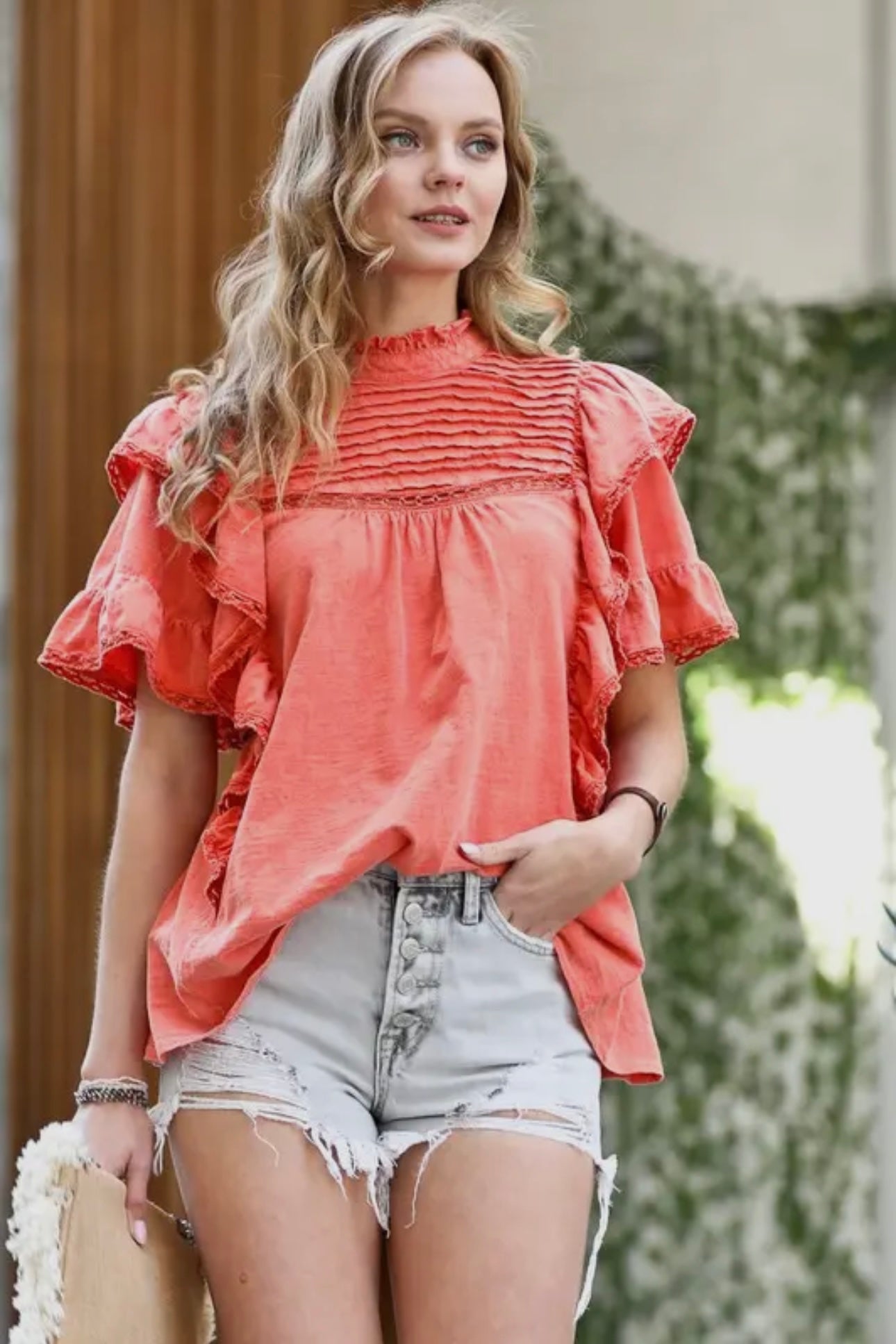 Vintage washed ruffle & lace trimmed detail top - Rust Tone