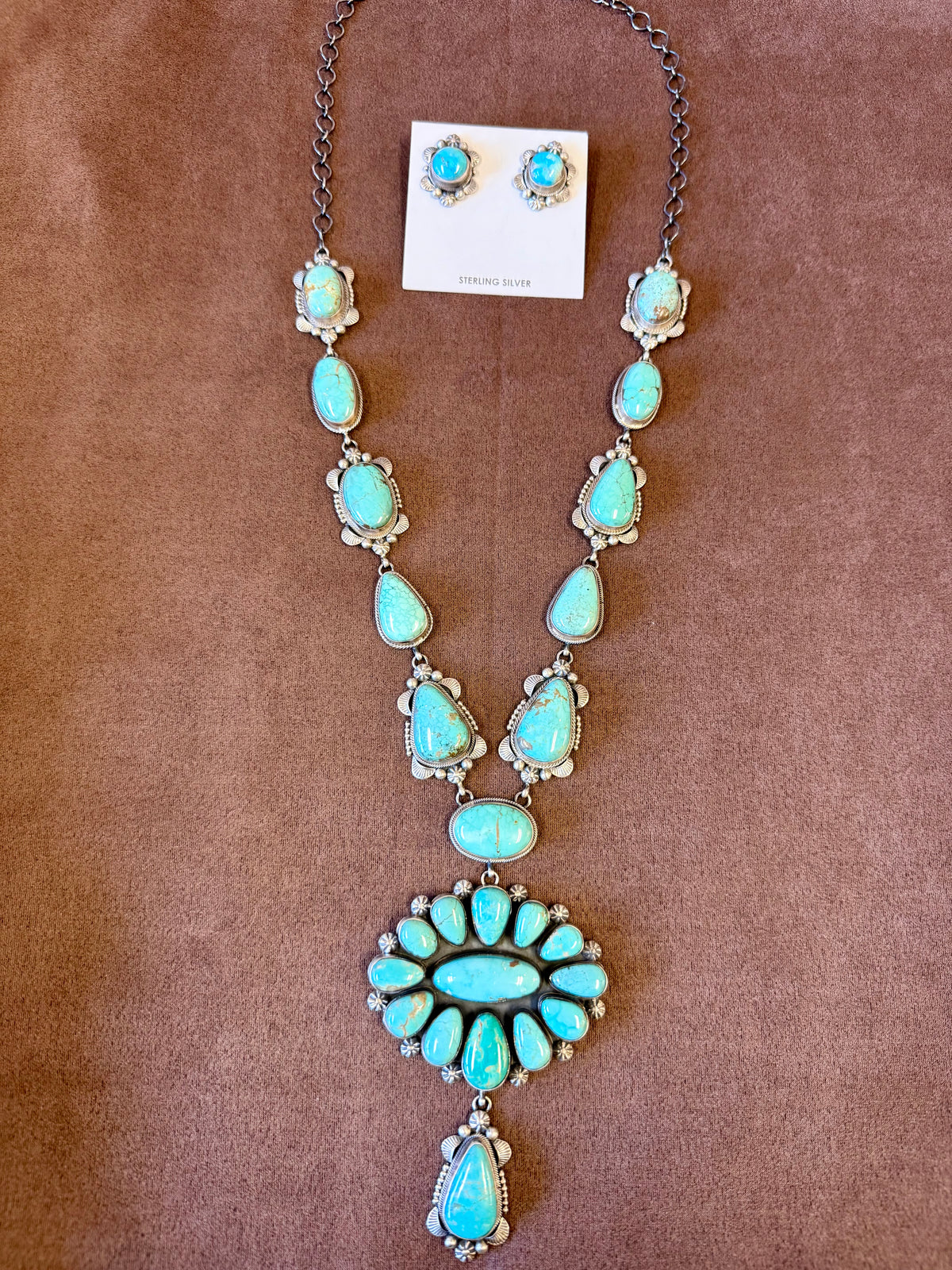 Navajo Squash Blossom Necklace Set Sterling Silver | Royston Turquoise by Eli Skeets | Handmade Statement Jewelry with Matching Earrings