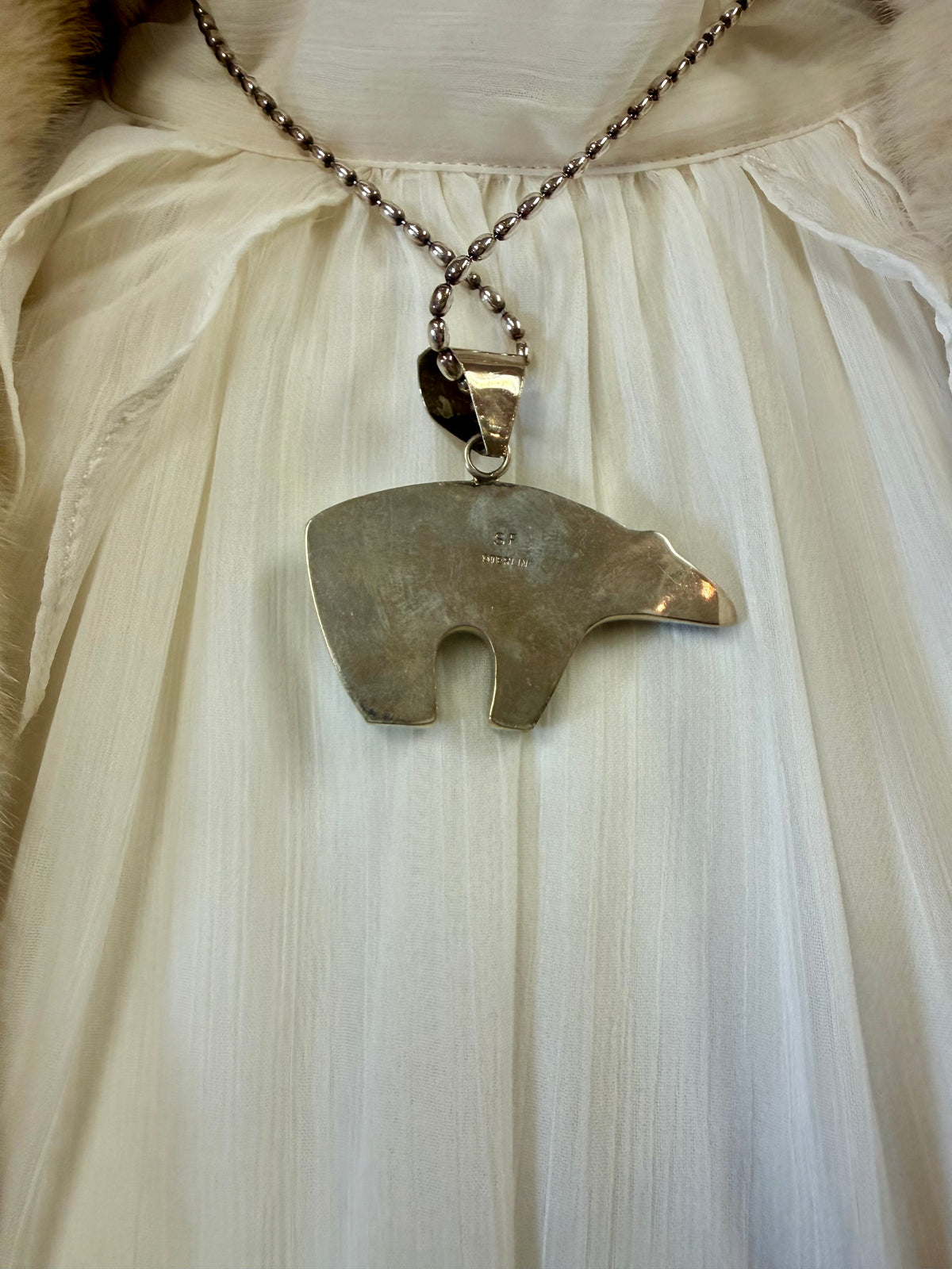 Multi Stone Inlay Bear Pendant Necklace Sterling Silver | Turquoise Lapis Coral Southwestern Fetish Jewelry