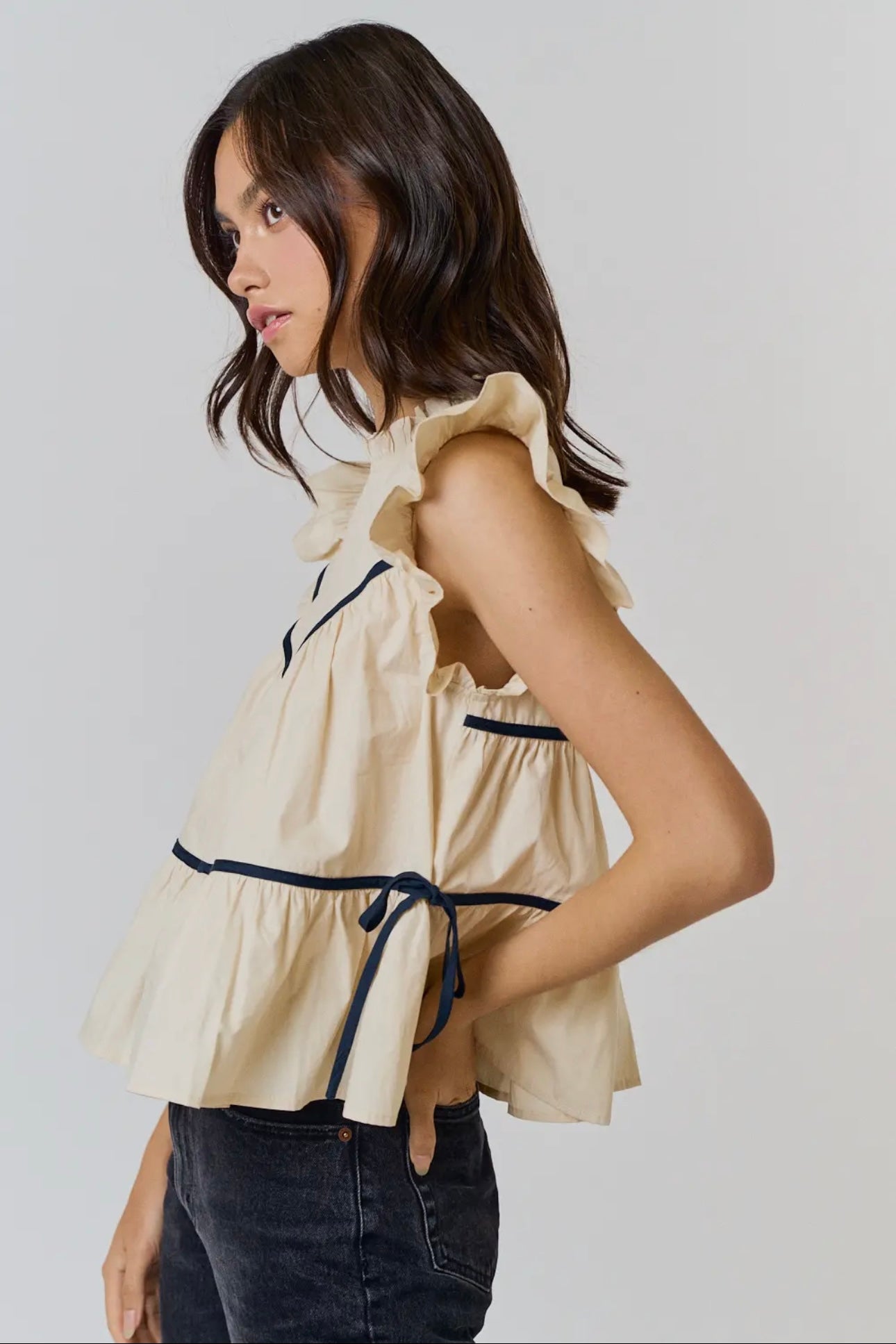 Ruffled High Neck Contrast Side Tie Detailed Top