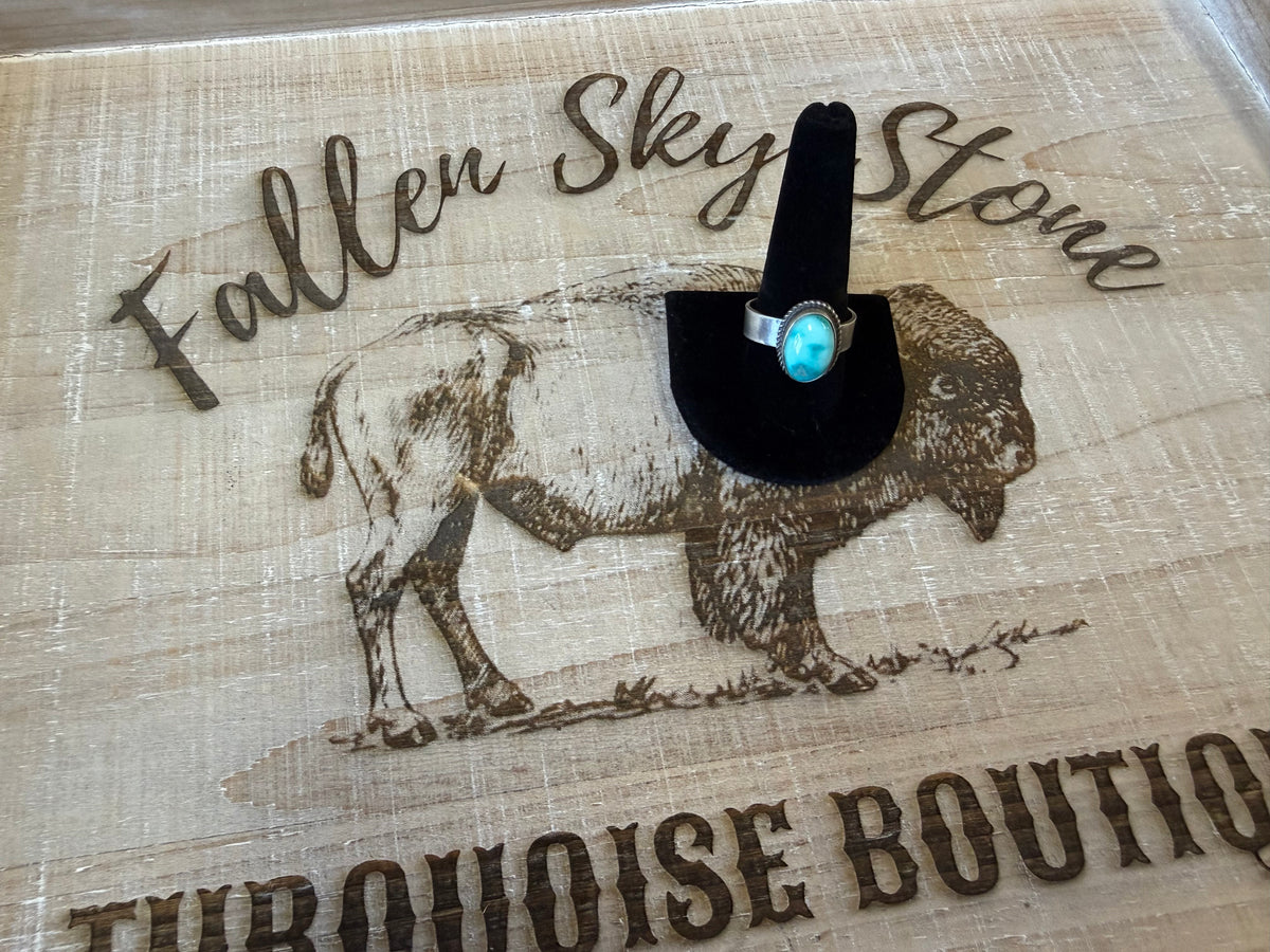 Antoinette Martinez Sterling Silver Lone Mountain Turquoise Ring Size 11, Rope Twist Bezel, Wide Band, Southwestern Ring