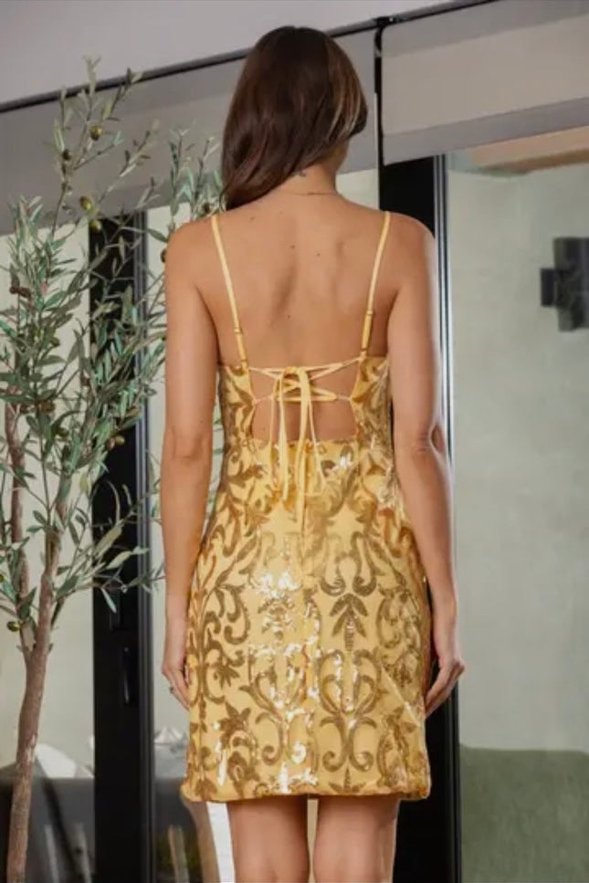 Yellow Gold Backless Sequin Mini Dress