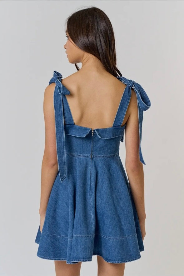 Denim Foldover Shoulder Tie Flare Mini Dress