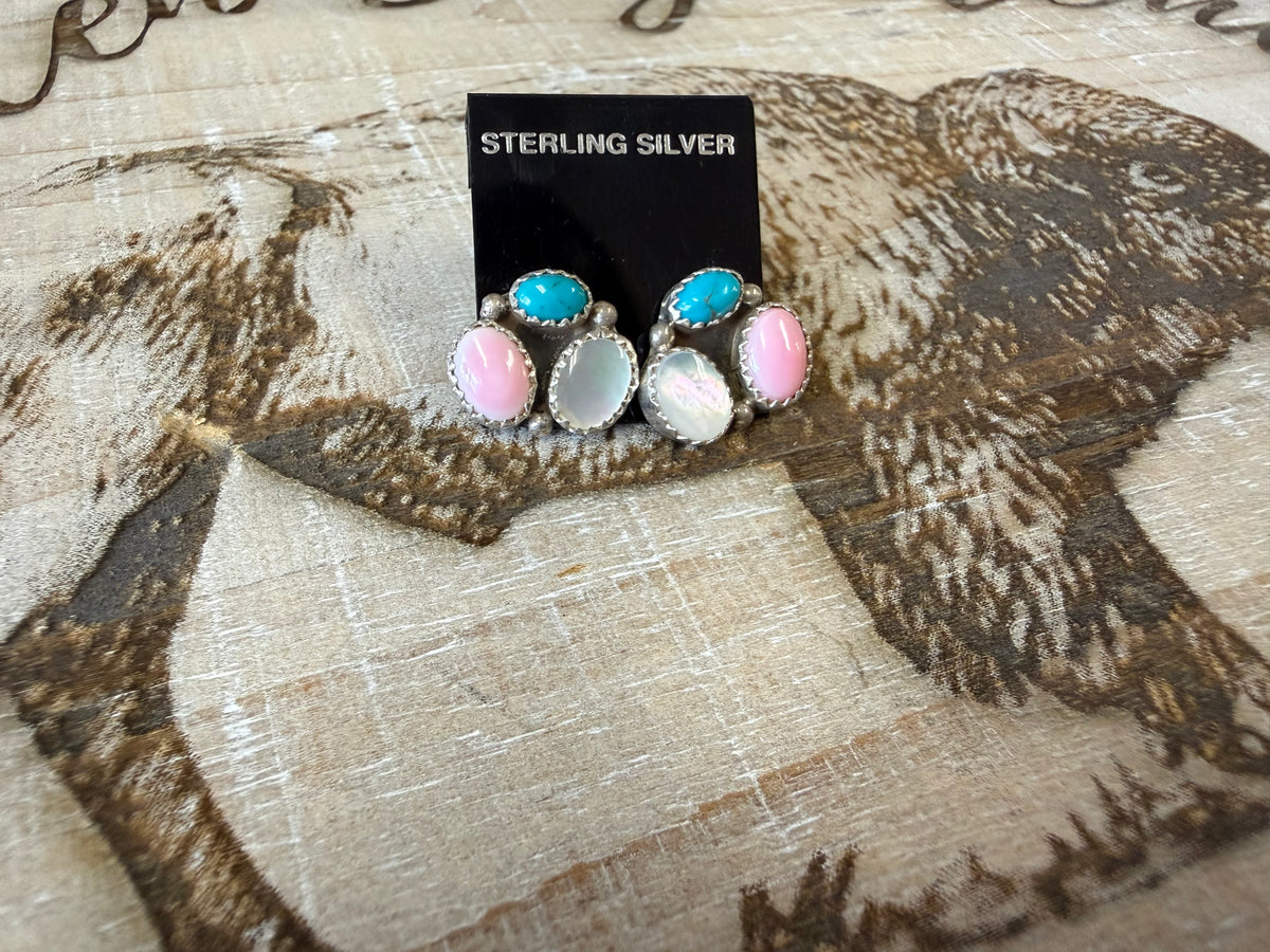 Turquoise Pink Conch Mother of Pearl Cluster Stud Earrings Sterling Silver | Multi Stone Southwestern Jewelry