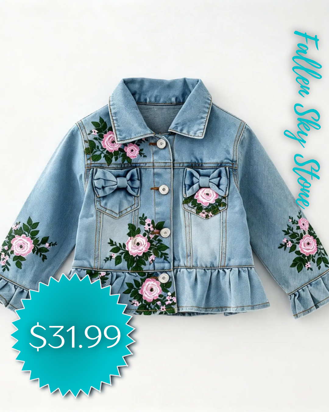 Girls Light Wash Denim Jacket with Embroidered Pink Roses and Bow Pockets