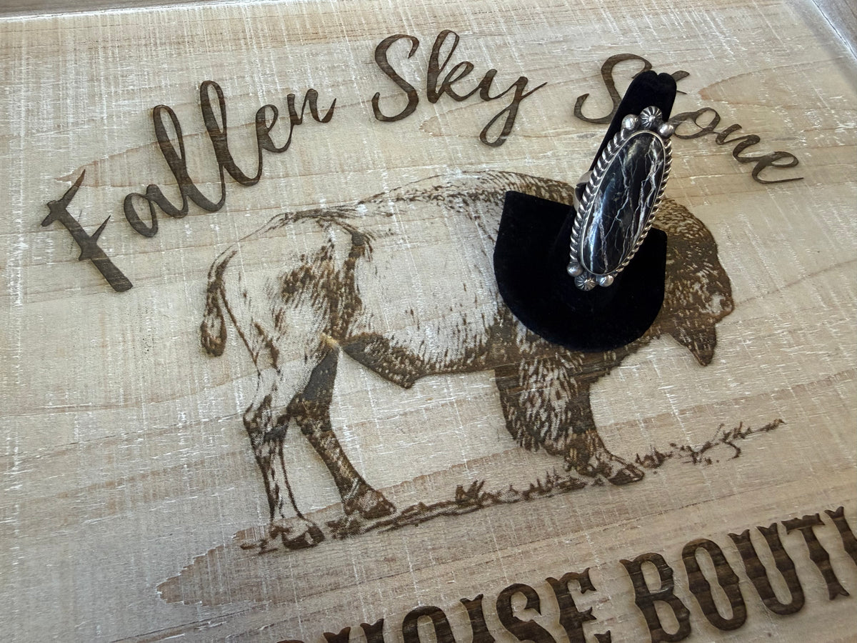 Sterling Silver White Buffalo Ring Size 8, Long Oval Black & White Stone, Rope Twist Bezel, Southwestern Statement Ring