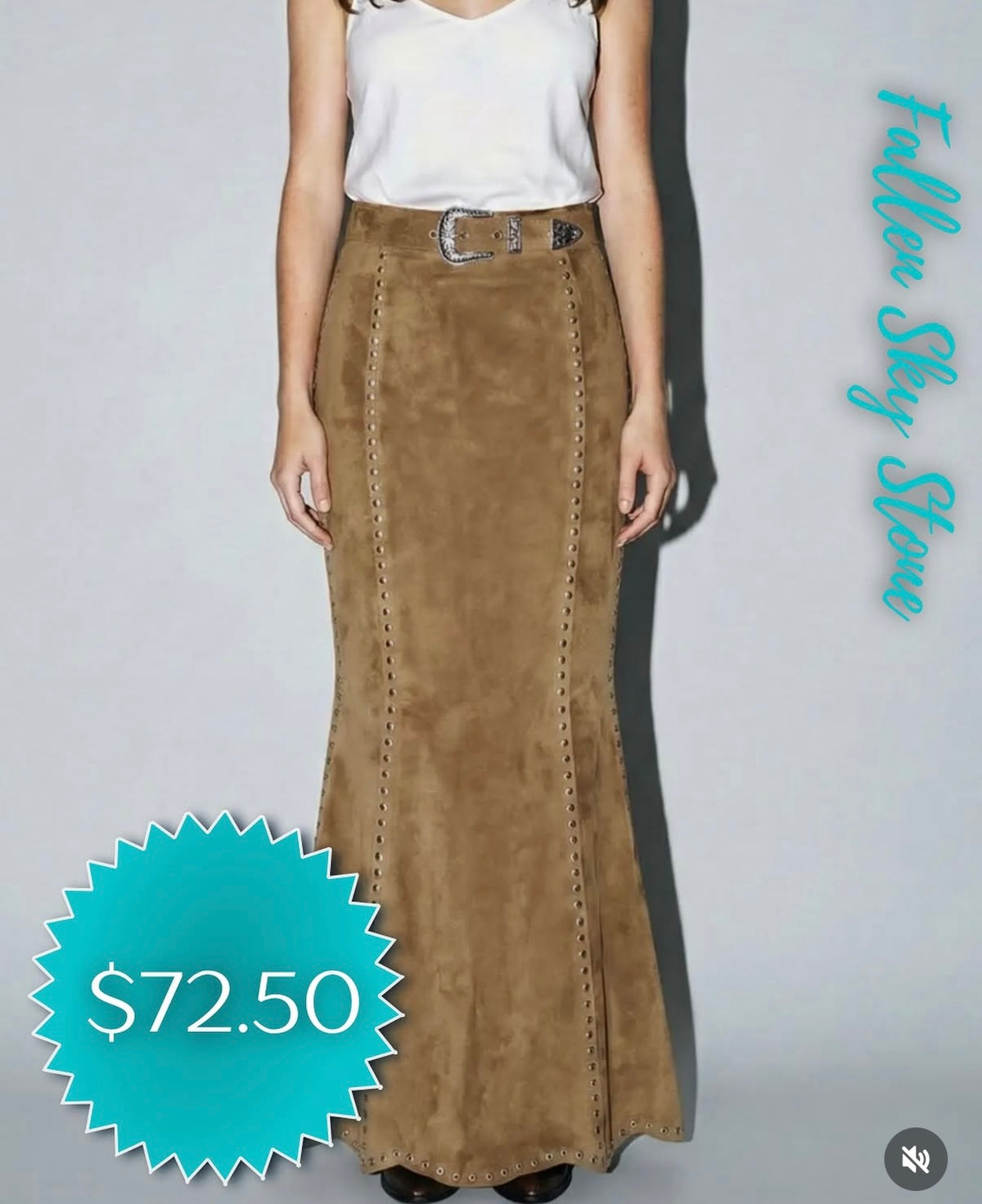 Tan Faux Suede Studded Maxi Skirt with Western Buckle Belt