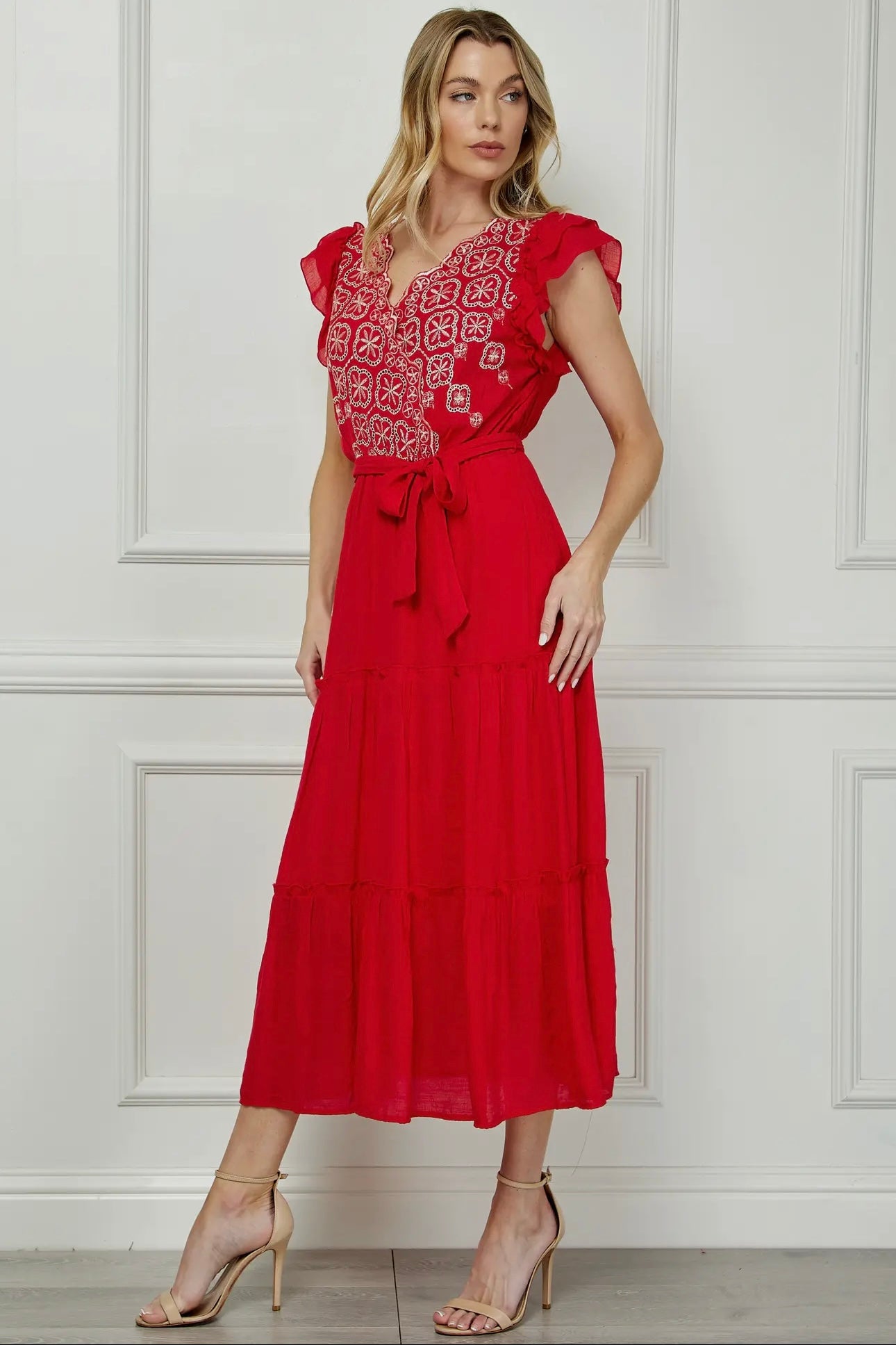 Embroidered Peasant Dress with Lining