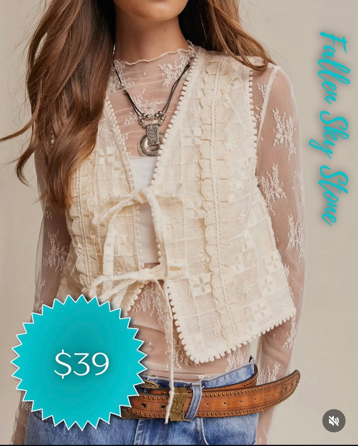 Cream Lace Tie-Front Vest
