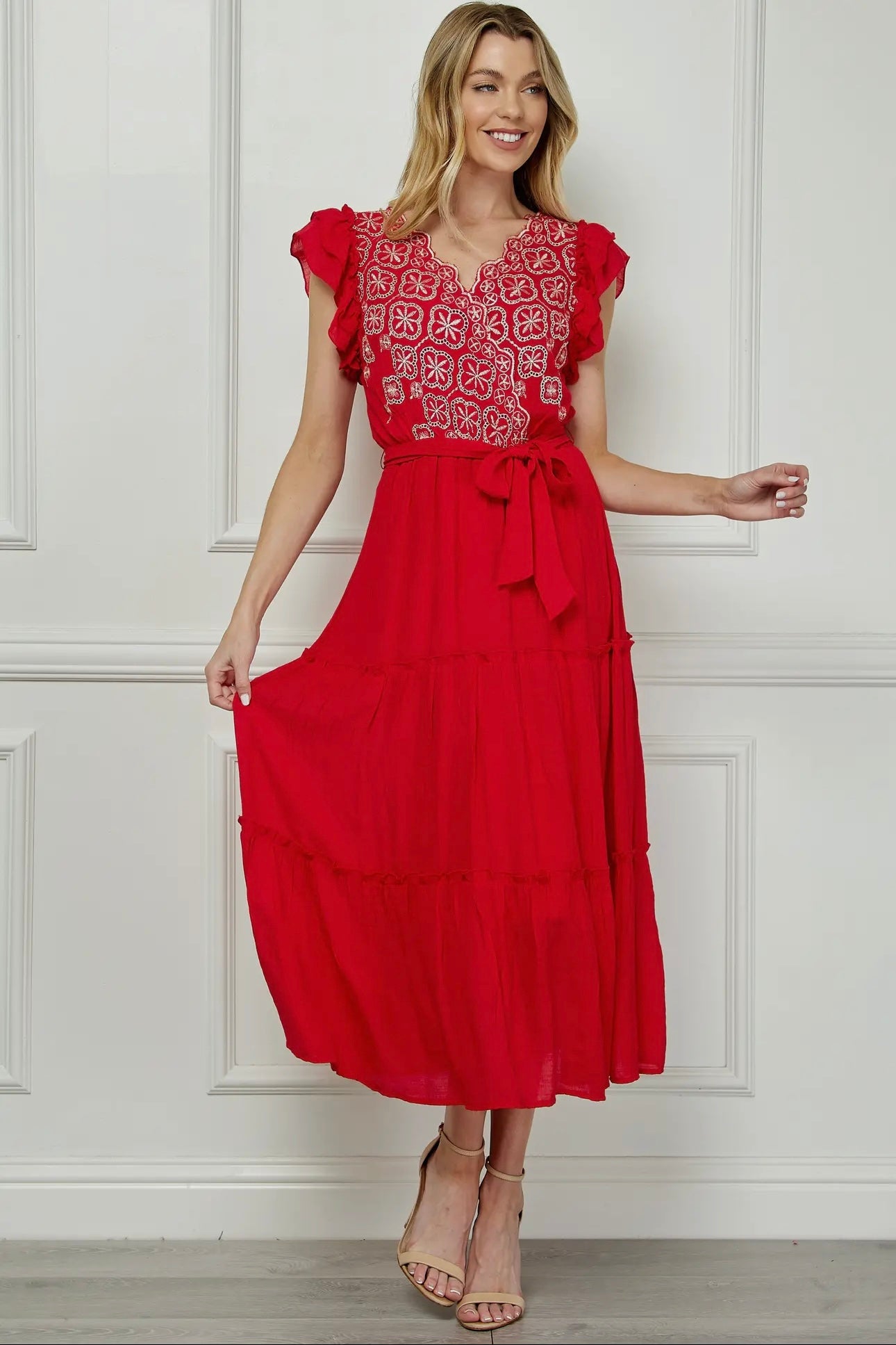 Embroidered Peasant Dress with Lining