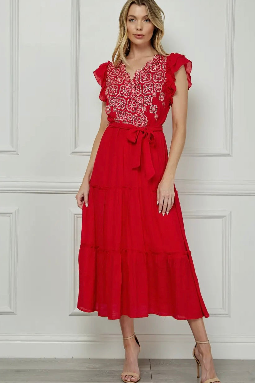 Embroidered Peasant Dress with Lining