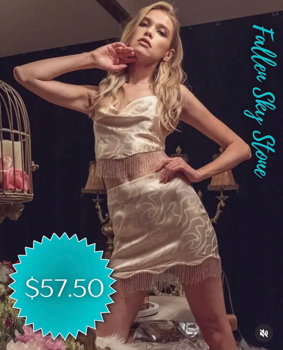 Satin Fringe Crop Top & Skirt Set