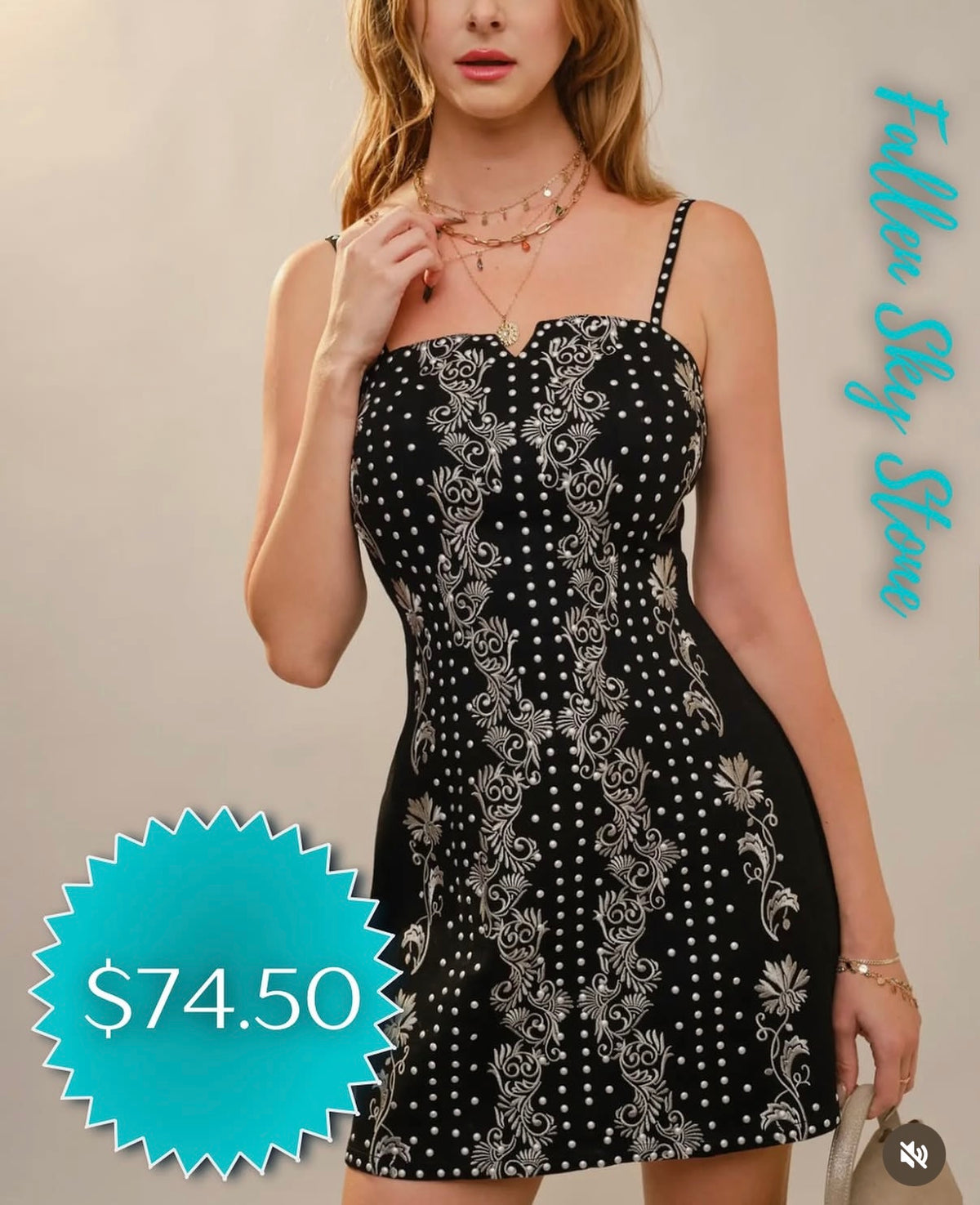 Black Embroidered Mini Dress with Silver Studs