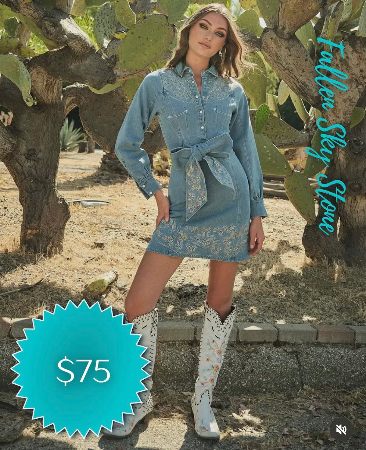 Light Wash Embroidered Denim Western Mini Dress with Tie Waist