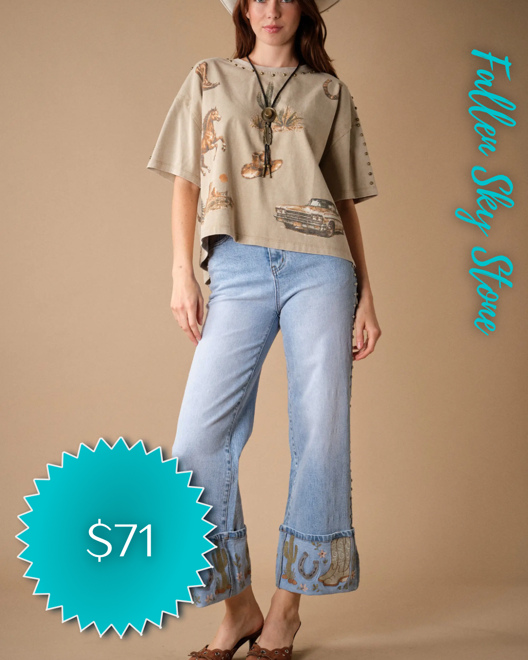 Western Embroidered Cuff Jeans with Stud Details