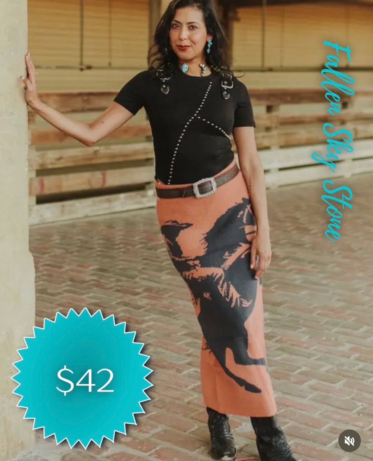 Rust Knit Maxi Skirt with Bucking Bronco Graphic