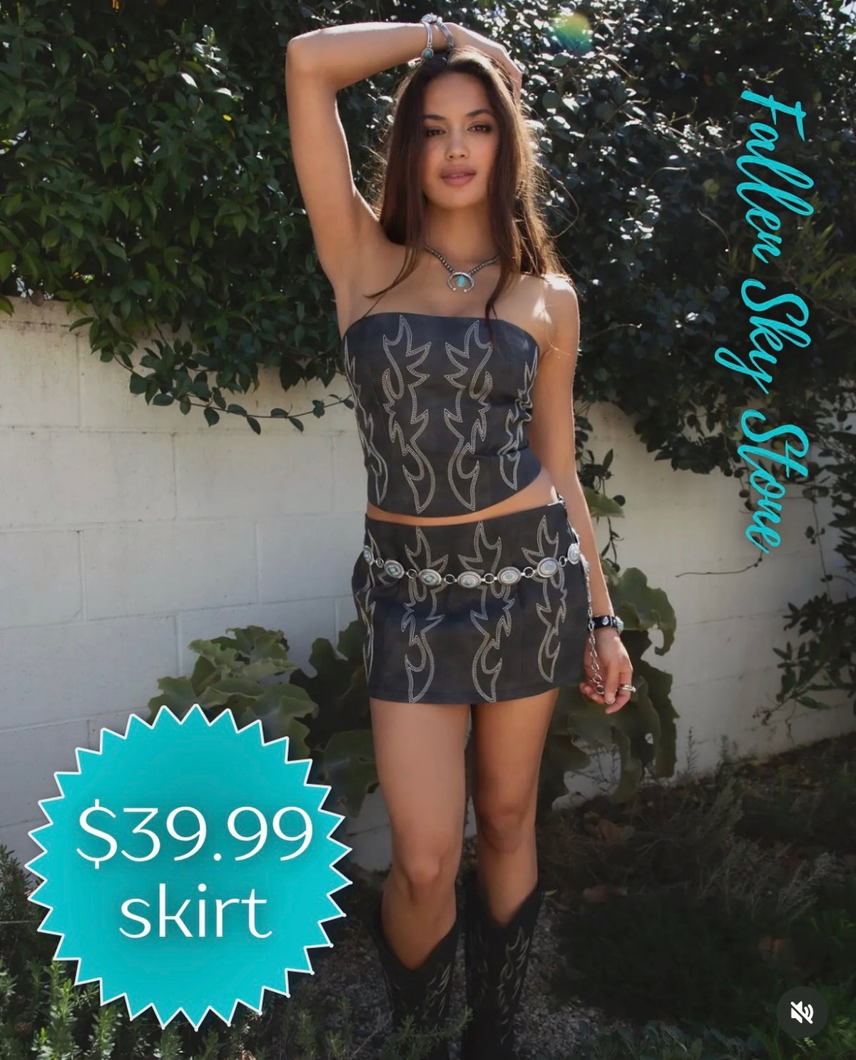 Charcoal Faux Leather Western Mini Skirt with Boot-Stitch Embroidery
