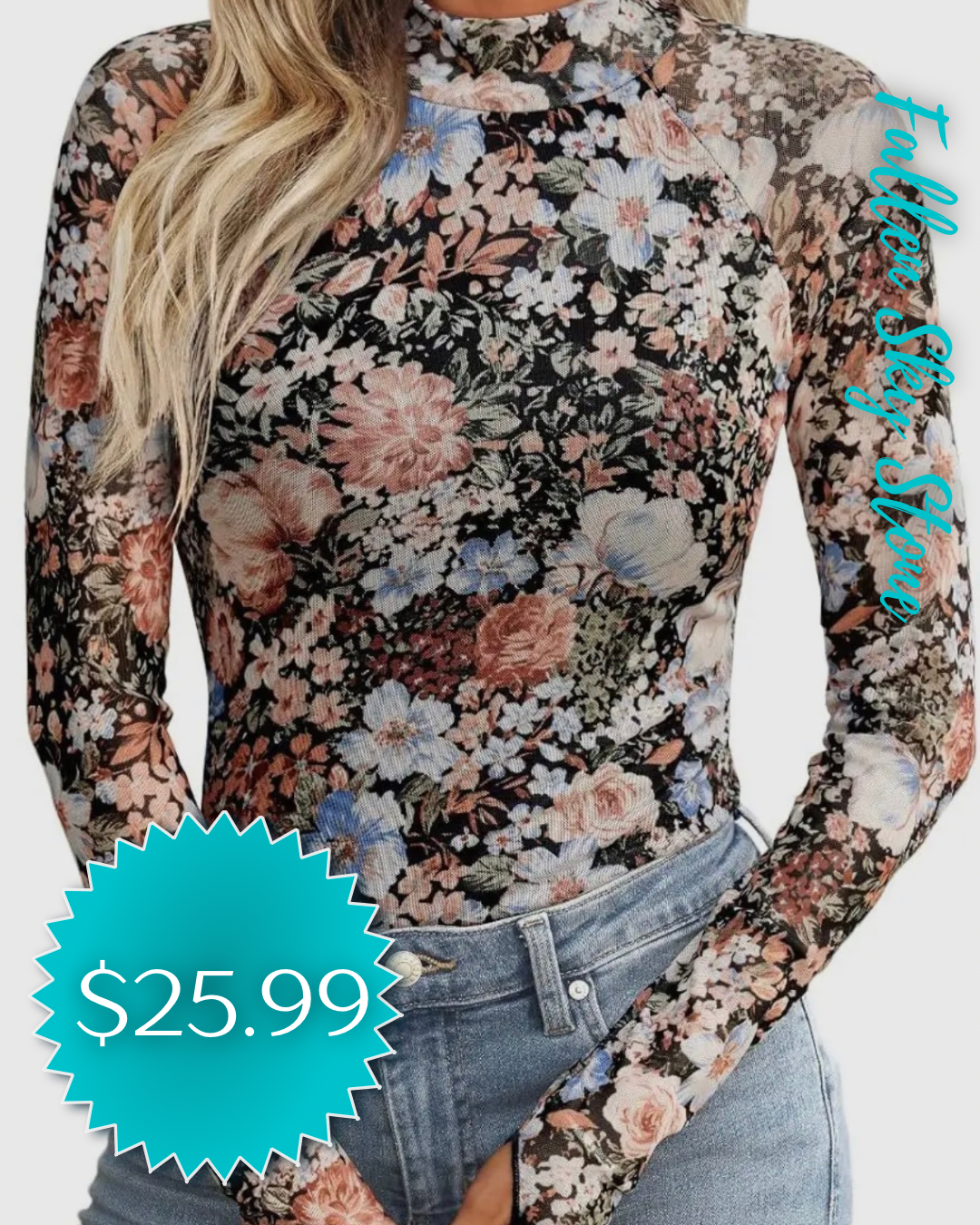 Black Multi-Color Floral Print Mesh Mock Neck Long Sleeve Top