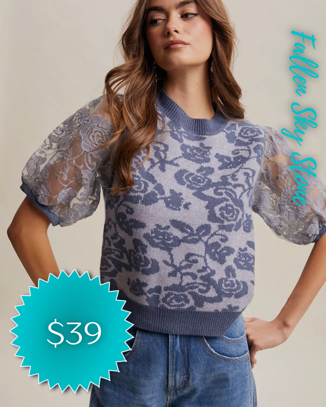 Dusty Blue Floral Knit Sweater Top with Sheer Embroidered Puff Sleeves