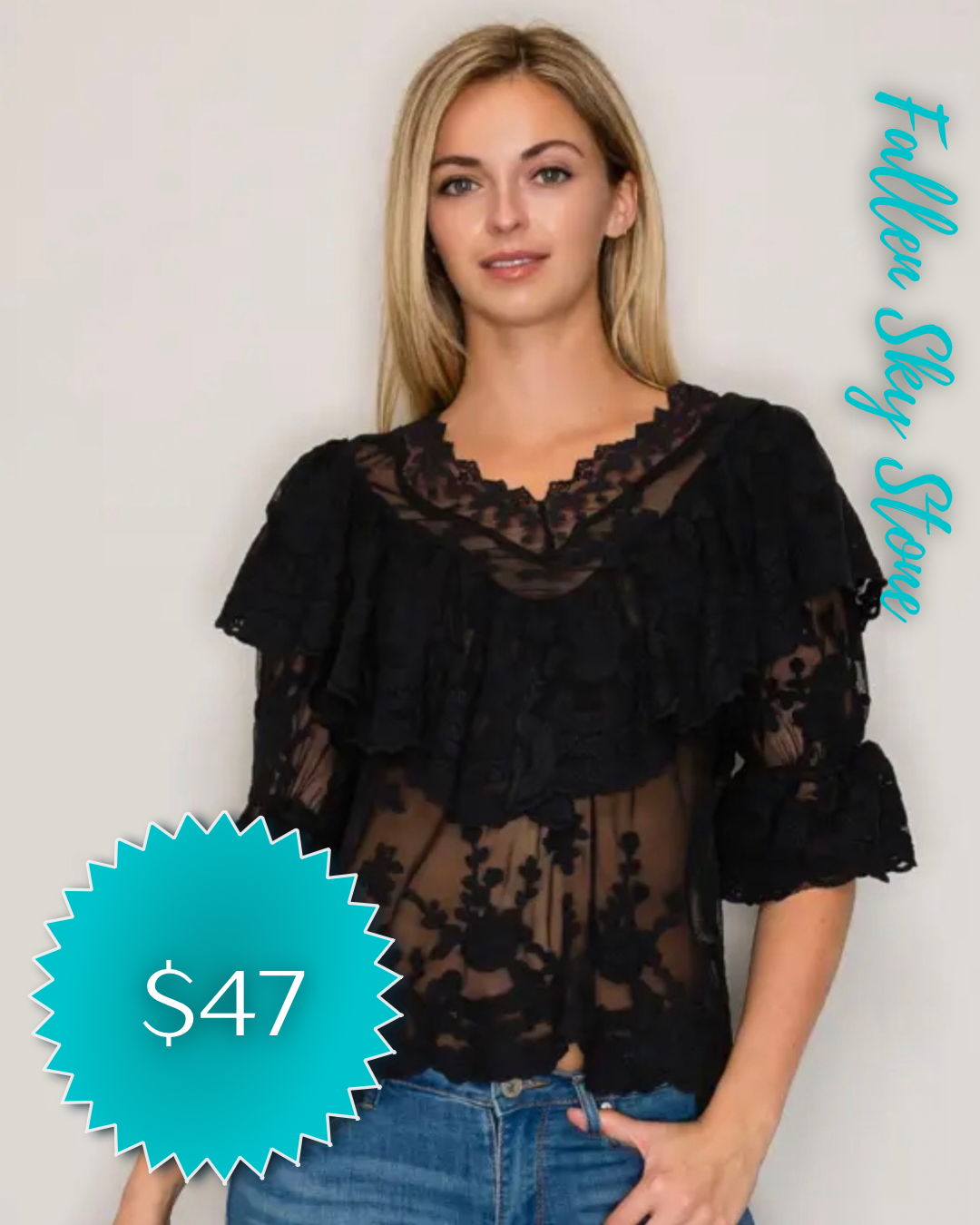 Black Sheer Lace Ruffle Blouse with Embroidered Floral Detail