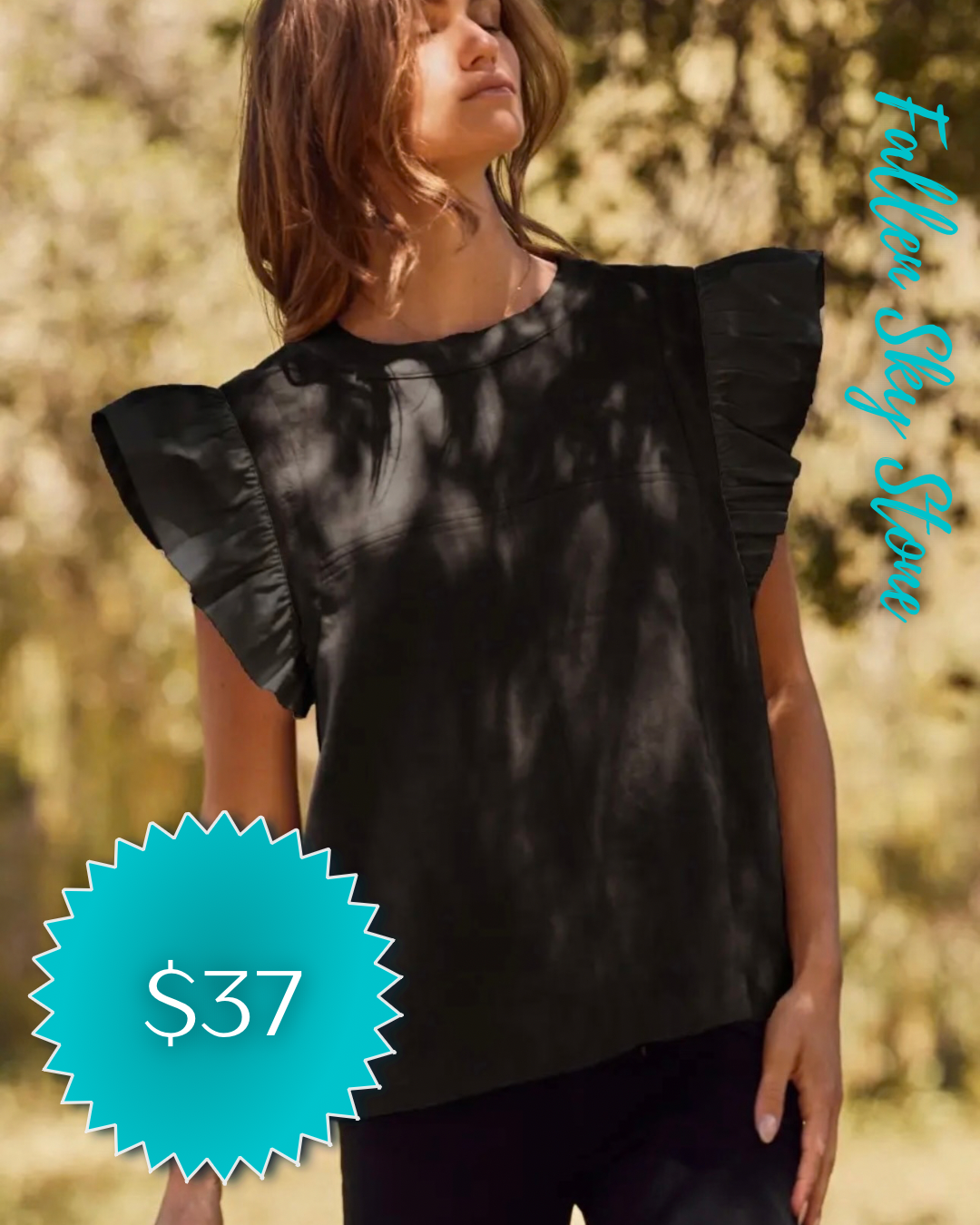 Black Ruffle Flutter Sleeve Top with Crew Neckline
