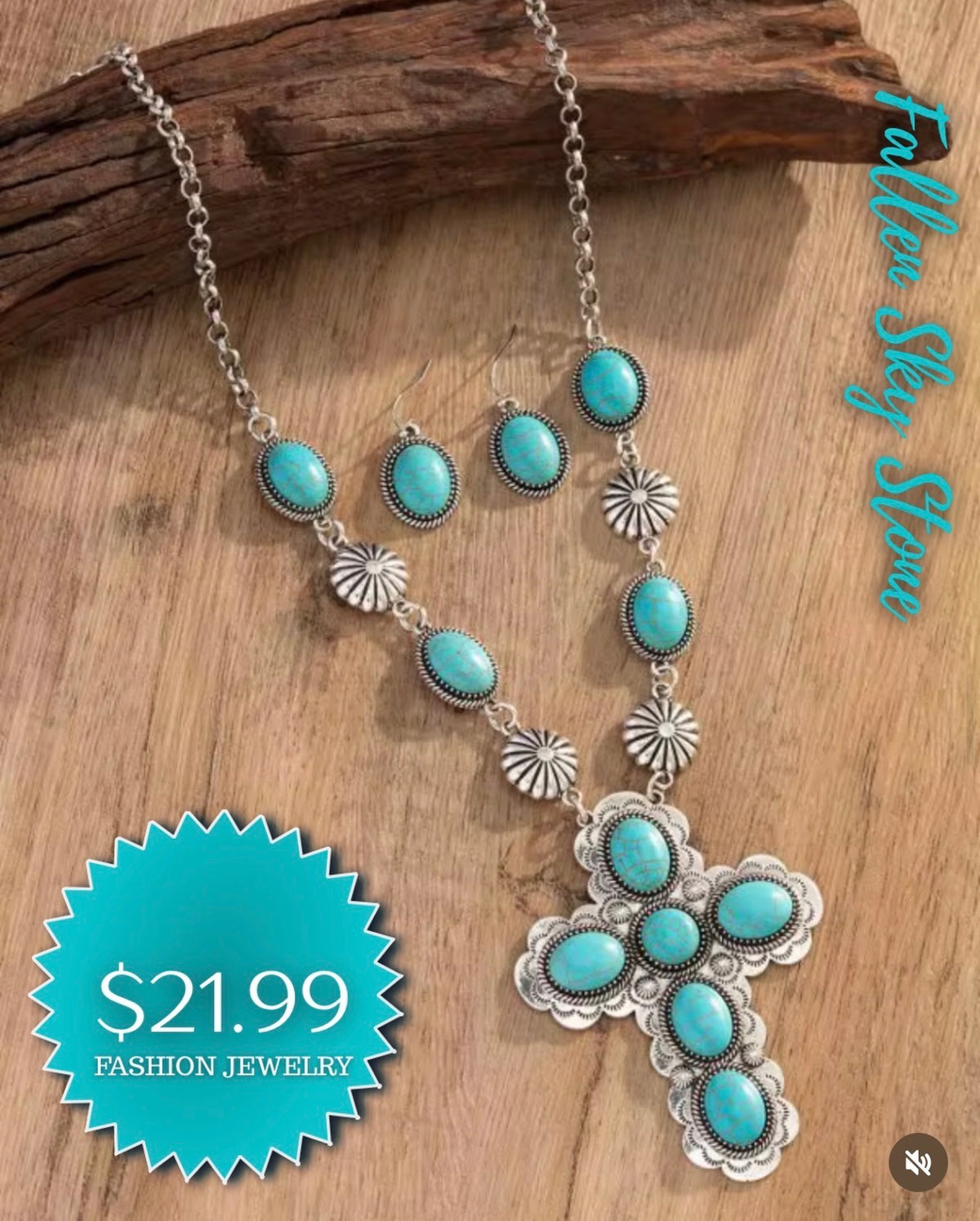 Turquoise Cross Necklace & Earrings Set | Fashion Jewelry Silver Tone | Western Southwestern Cross Pendant