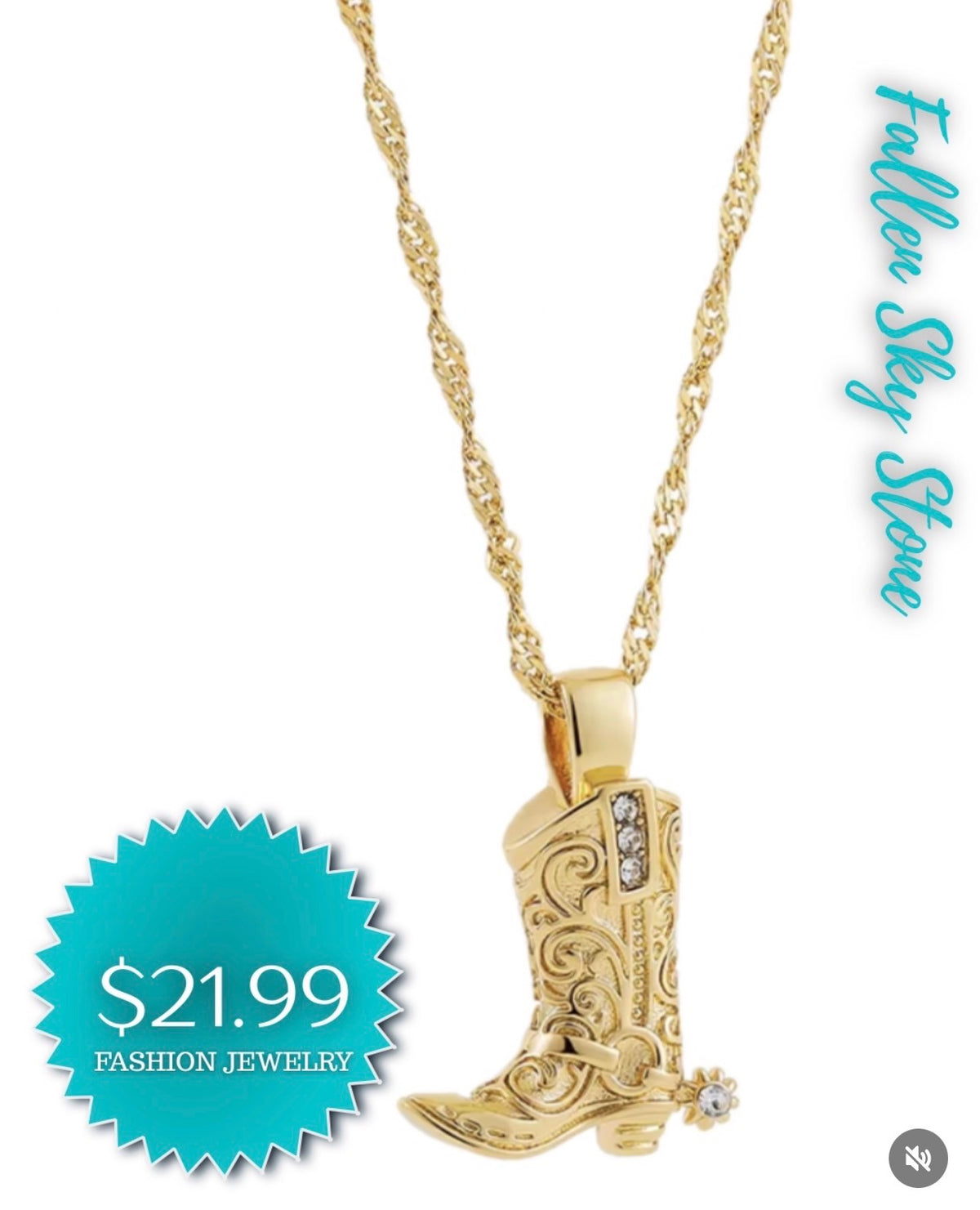 Gold Cowboy Boot Pendant Necklace | Fashion Jewelry with Crystal Accents | Western Boot Charm