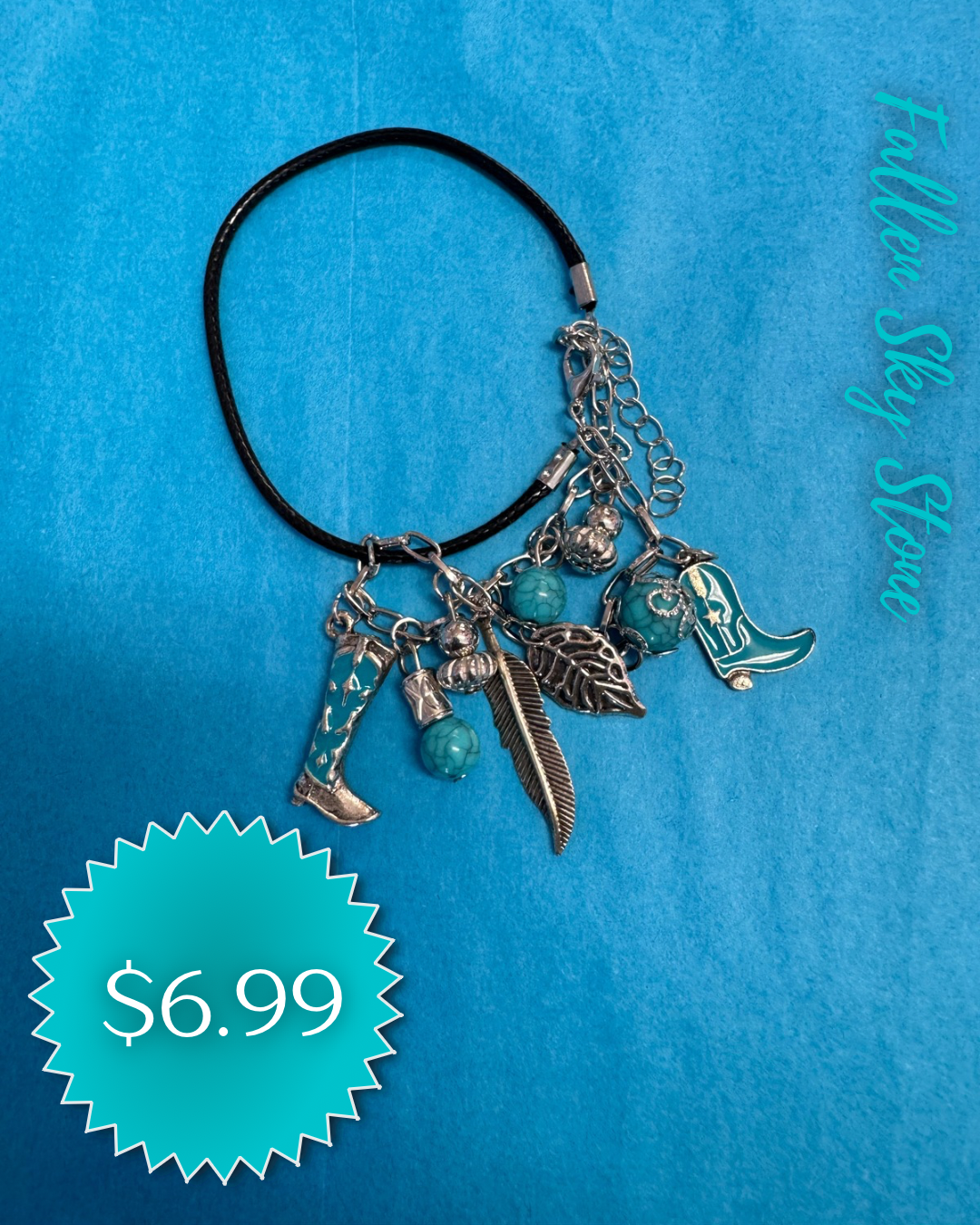 Western Charm Bracelet | Turquoise Cowboy Boot Feather | Fashion Jewelry Black Cord