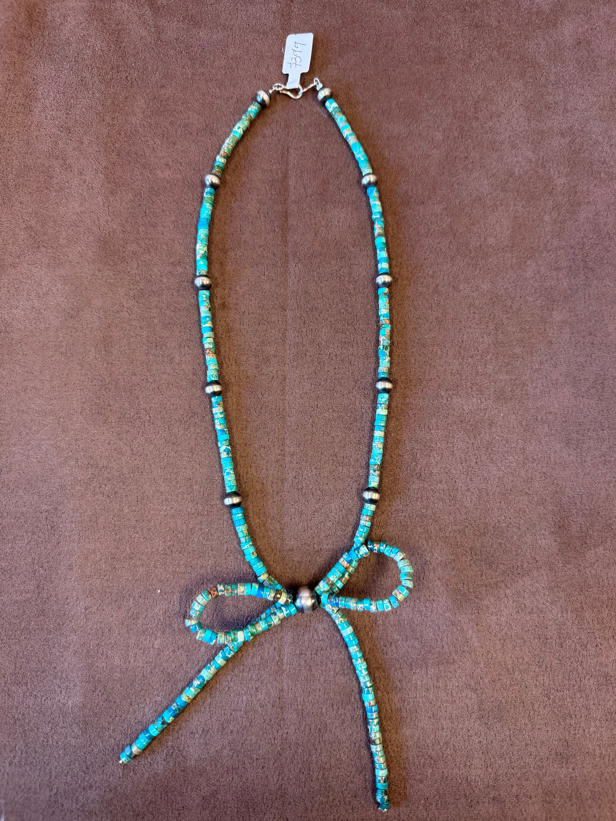 Turquoise Bead Bow Necklace with Navajo Pearl | Handmade Southwestern Heishi Style Statement Jewelry