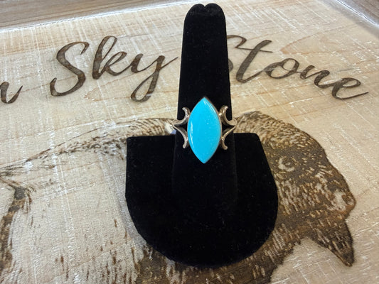 Larry Castilo Navajo Handmade Sterling Silver Kingman Turquoise Ring Size 8, Marquise Sky Blue Stone, Split Shank Southwestern Ring