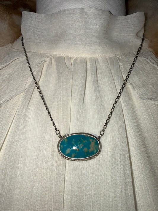 Kingman Turquoise Oval Pendant Necklace Sterling Silver | Navajo Handmade by Arthur J Brugge | Southwestern Statement Jewelry