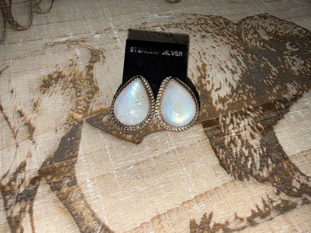 Moonstone Teardrop Stud Earrings, Sterling Silver Rope Bezel, Southwestern Western Jewelry