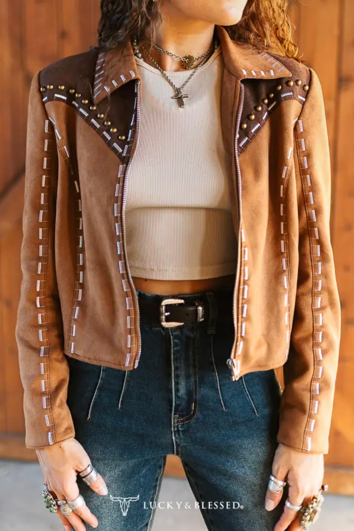 Camel Faux Suede Western Zip Jacket with Studded Brown Yoke and Whipstitch Trim