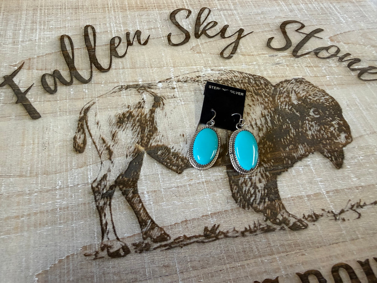 Native American Navajo Sterling Silver Turquoise Oval Dangle Earrings – Signed JB (Jennifer Begay) | Rope Edge Cabochons