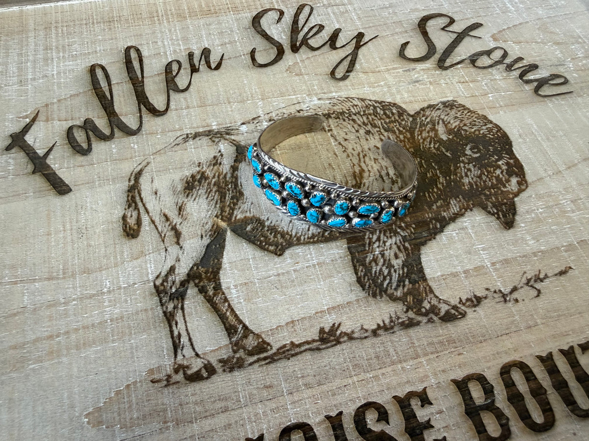 Sterling Silver Turquoise Cluster Cuff Bracelet, Two Row Nugget Turquoise, Rope Twist & Feather Stamped Edge, Southwestern Gift
