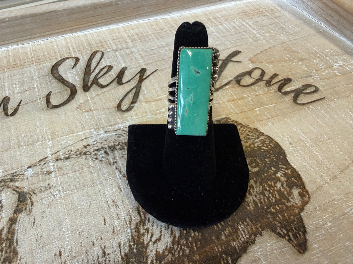 Avin Joe Sterling Silver Green Turquoise Ring Size 6, Long Rectangular Stone, Silver Bead Accents, Stamped Bezel, Southwestern Statement Ring