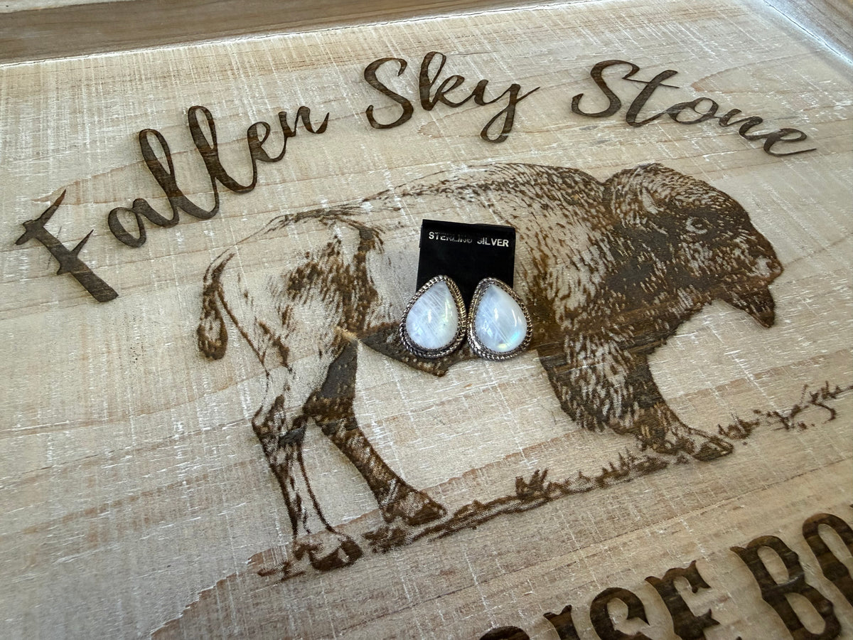 Moonstone Teardrop Stud Earrings, Sterling Silver Rope Bezel, Southwestern Western Jewelry